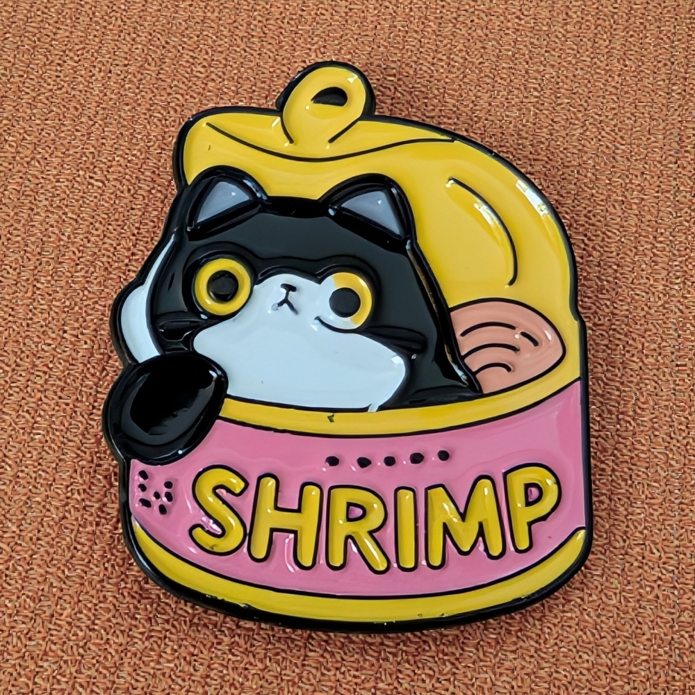 Cute Cat-in-Shrimp Can Enamel Pin — Yellow, Pink, Black, White